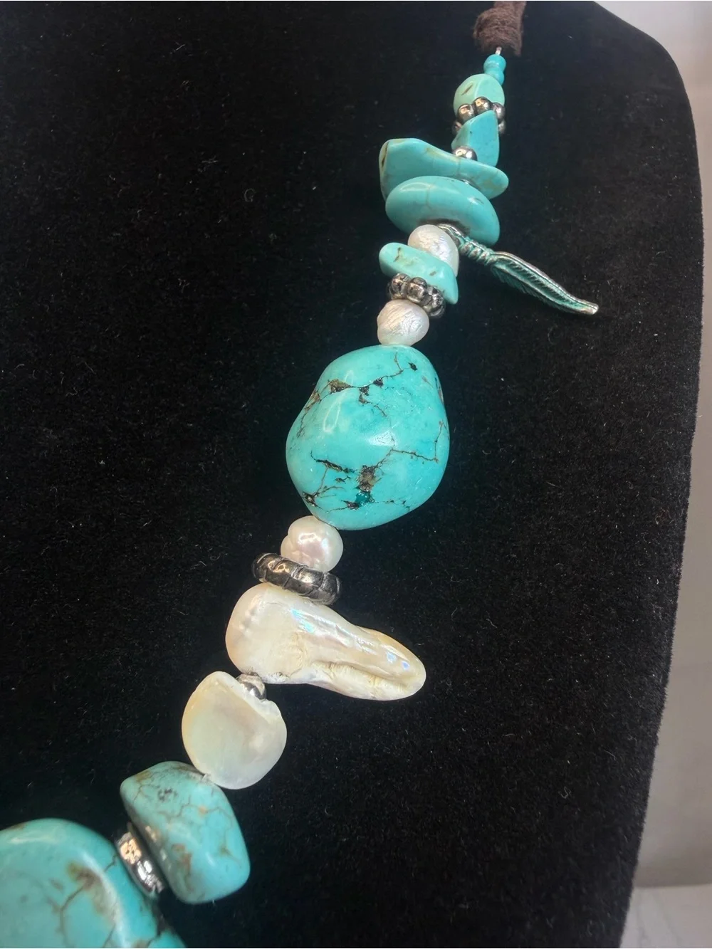Laura Ashley Turquoise Pendant, Pearls & Metal Feathers Statement Necklace